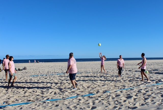 A setter gets under the ball as the rally builds